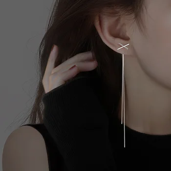 여성용 심플 크로스 롱 체인 태슬 드롭 귀걸이, 골드 실버 컬러, 피어싱 라인, 트렌디 이어 쥬얼리