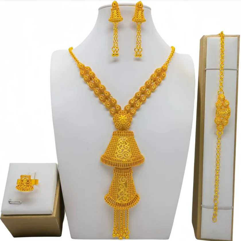 Fashion Gold Color Drop Earrings Necklace Set for Women Dubai African Luxury Bead Hollow Design Bracelet Wedding Party Jewelry