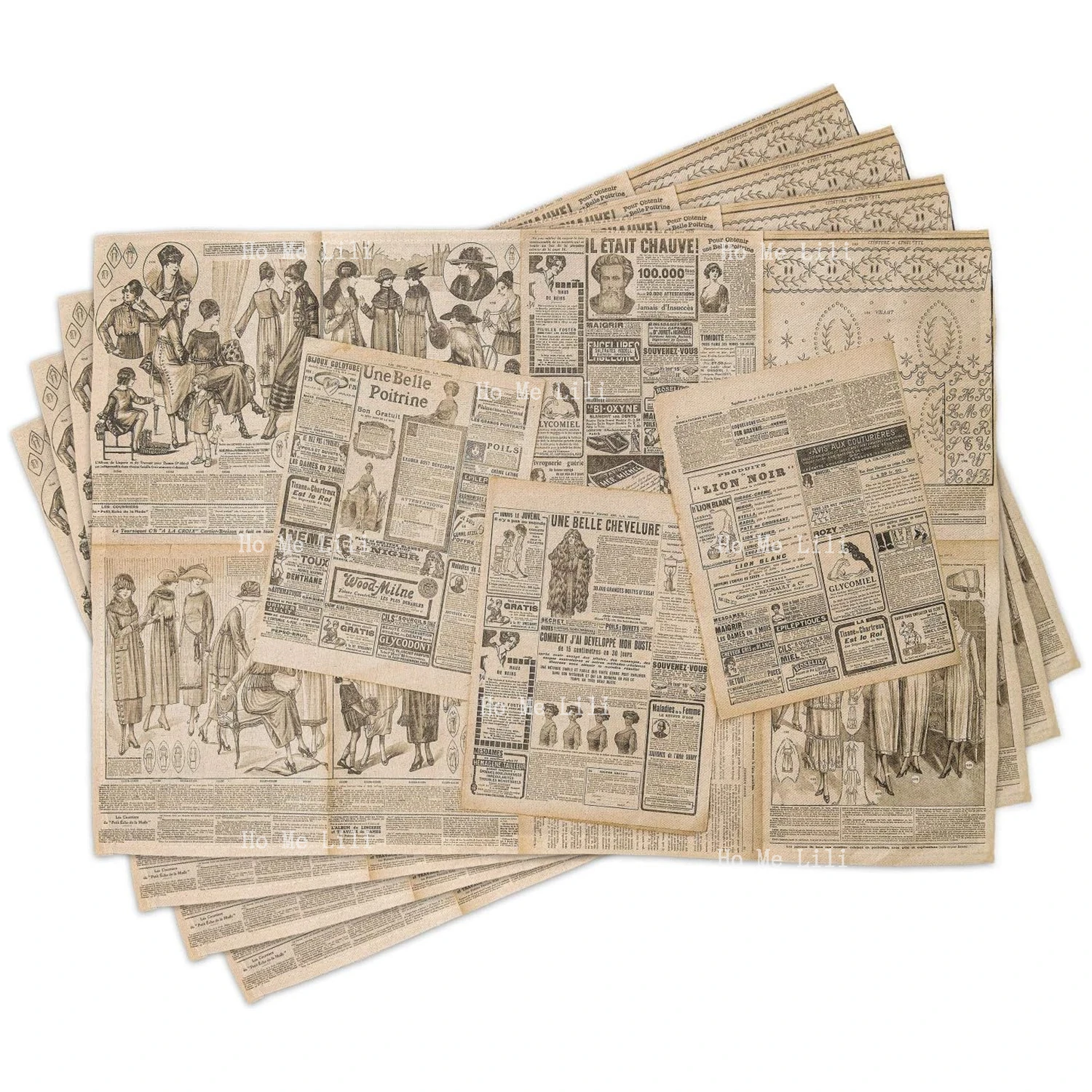 

Antique Newspaper Pages With Advertising And Fashion Magazine Woman Edwardian Publicity Image Washable Fabric Placemats