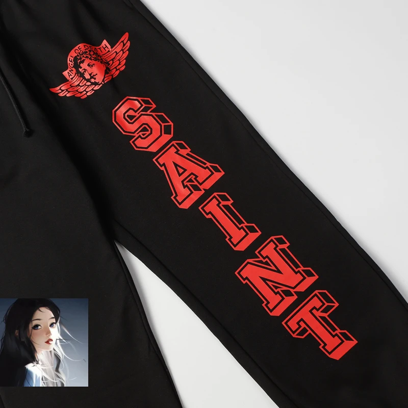 High Quality Saint Michael Print Logo Angel Pattern Track Pant Men Women Kanye West Sweatpants Jogger Trousers Drawstring Pants