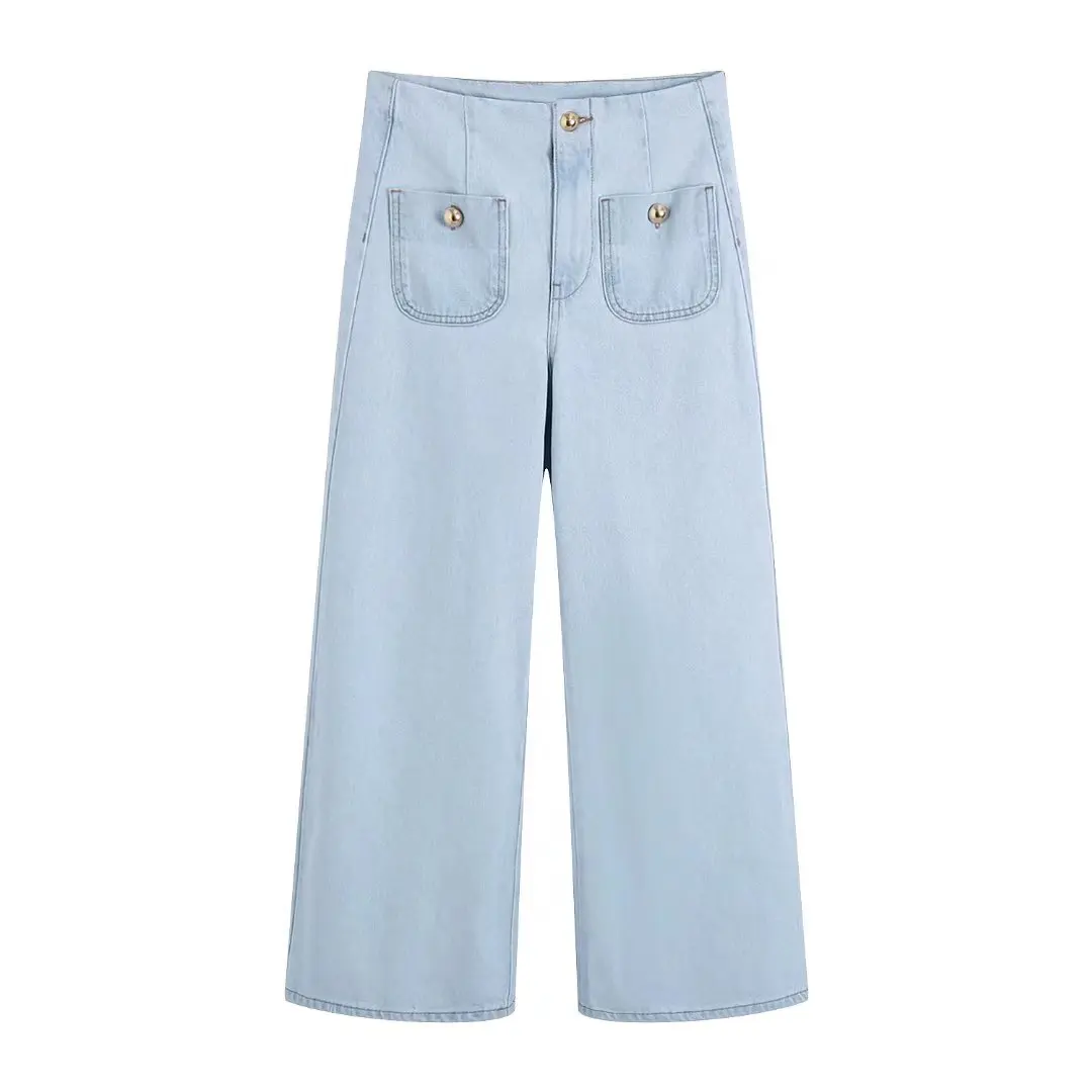 Spring 2022 Women Gold Button Decoration Wide Leg Ankle Jeans High Waist Pockets Female Denim Pants BB22196 patchwork jeans Jeans