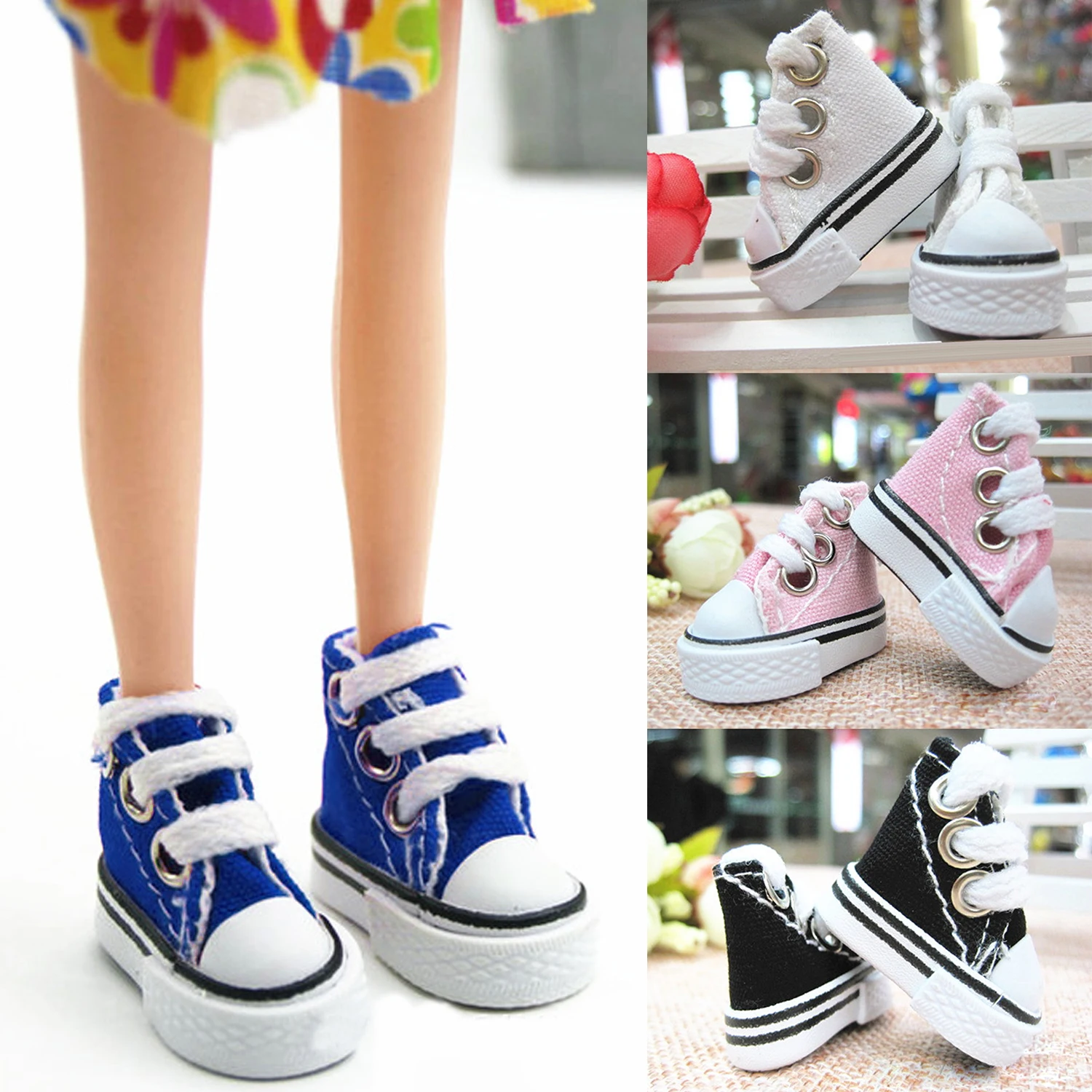 Besegad Kids 1 Pair 3.5cm Mini Doll Canvas Shoes Sneakers Sports Shoes Accessories for Barbie Doll Toy besegad 10pcs kid mini doll display holder model display stand dress support prop up mannequin holder accessories for barbie toy