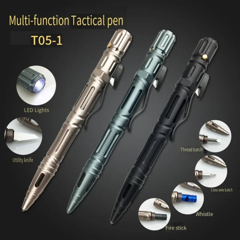 

New Aluminum Alloy Tactical Pen Multi-Function Broken Window Defense Pencil Case LED Light Outdoor Survival Defense Ballpoint