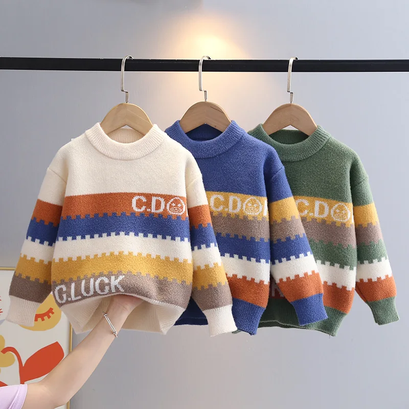 

Boys' Sweaters Korean Velvet 2023 Autumn/Winter Mid Size Children's Thickened Pullover Knitwear Fashion Baby Boy Sweater