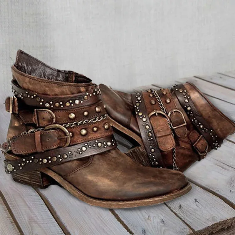 

Women ankle boots low heels shoes vintage PU leather gladiator booties rivets buckle deco woman mujer zapatos botas mujer 2020