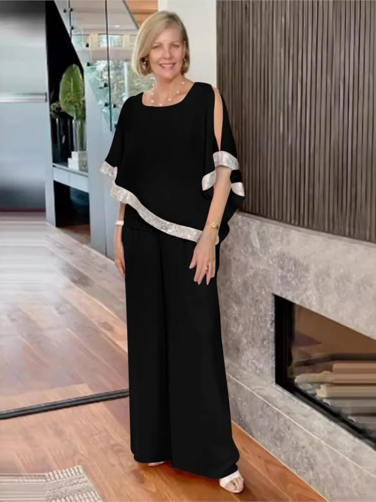 Casual Solid Color Pants Sets Women Fashion Sequins Color Matching Irregular Bat Shirt Loose Wide Legs Trousers Two Piece Set