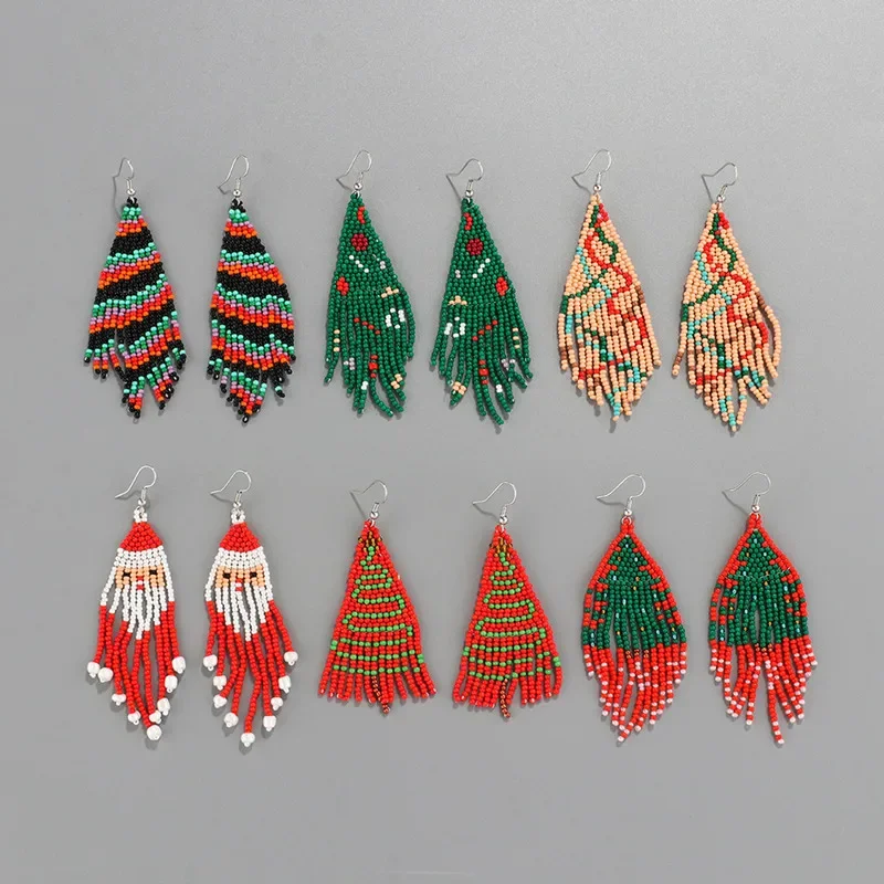 

Fringe Earrings Hand knitting Christmas christmas tree Santa Claus originality Beading Simple ma'am Fringe Earrings