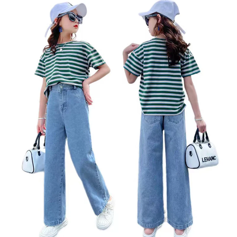 

Girls Set Summer New Teen Stripe Top+Loose Wide Leg Pants Thin 2 Piece Set Children Fashion Clothing 4 6 8 10 12 14 Year