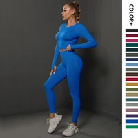 2Pcs Women Sets Energy Seamless Gym Suits Bubble Butt Sports Pants+Long Sleeve Shirts Push Up Running Sets Tracksuits Tights Set 1