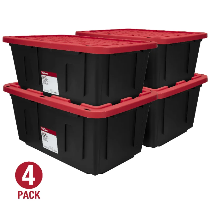 

Hyper Tough 27 Gallon Stackable Snap Lid Plastic Storage Bin Container, Black with Red Lid, Set of 4