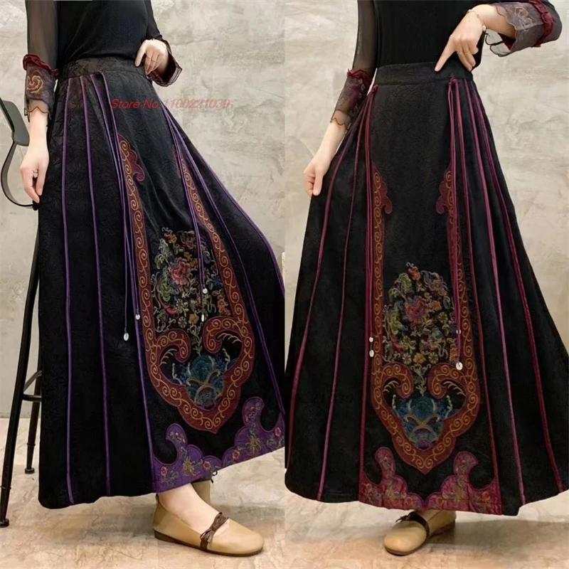 

2024 traditional chinese vintage long skirt national flower embroidered jacquard skirt oriental folk elastic waist a-line skirt