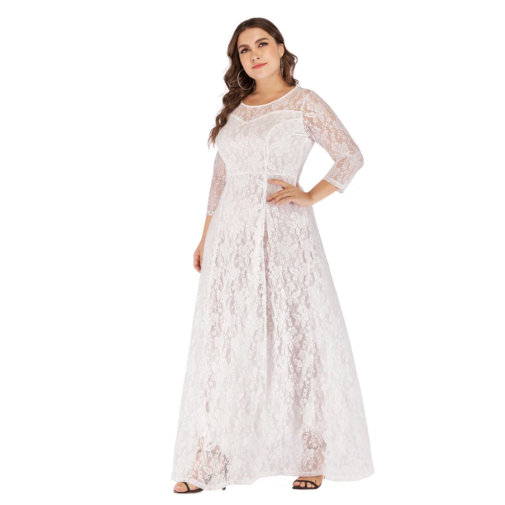 

2023 Large Women's New Evening Dress with 3/4 Sleeves Long Dress Large Lace Dress