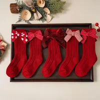 Baby Girls Red Big Bow Christmas Socks Kids Children Cotton Solid Woolen Sock Leg Warmers Girl Toddler Soft Socken For 0-5Years 2