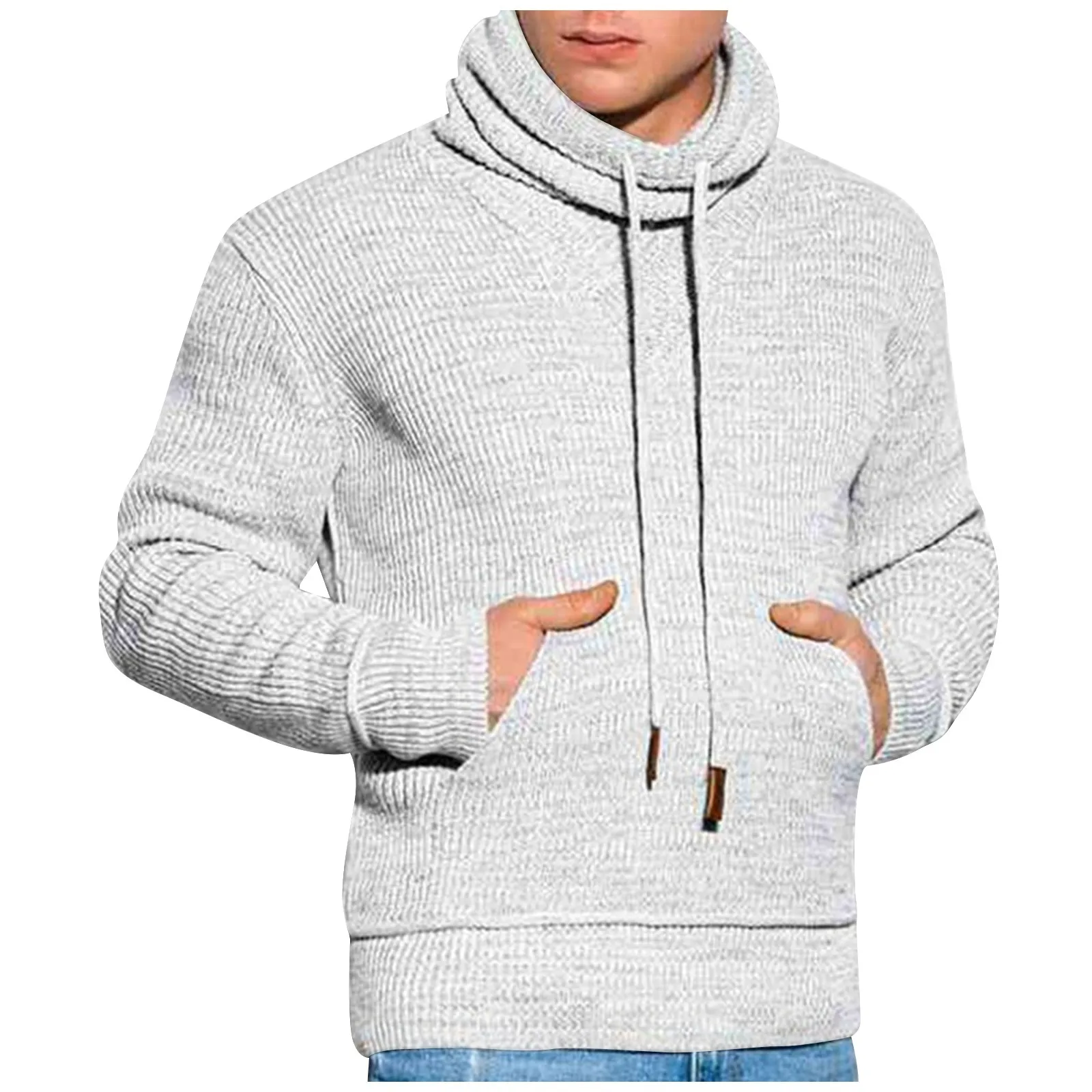 

Men'S High Collar Sweater Autumn Winter Drawstring Standing Neck Pocket Knitwear Long Sleeve Slim Fit Sweater Hombres