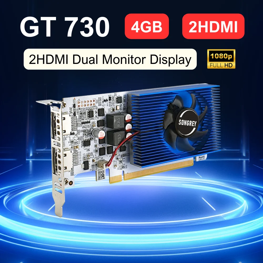 SONGREY GT730 4GB Graphics Card 1080P Low Profile GPU DDR3 2HDMI 2 Monitor Display  PCI-E2.0 16X ,Computer GPU,1Year Warranty 1