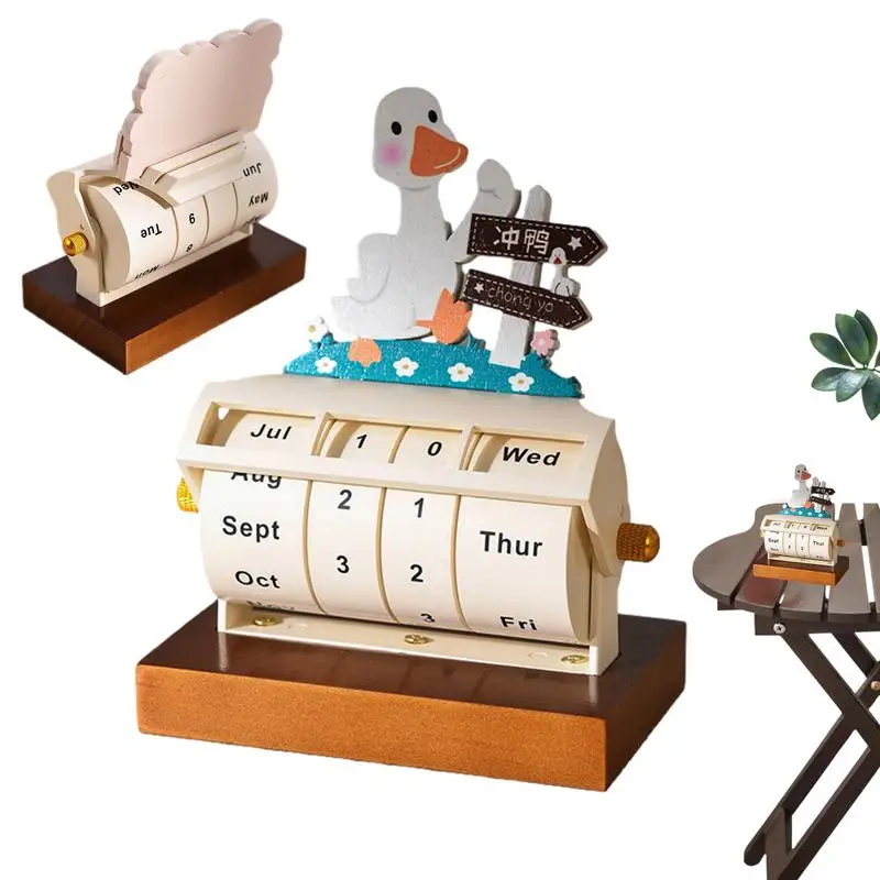 

Rotary Perpetual Calendar for Desk Wooden Wheeling Calendar with duck Month Week Day Date Display Office Decor Desk Accessories