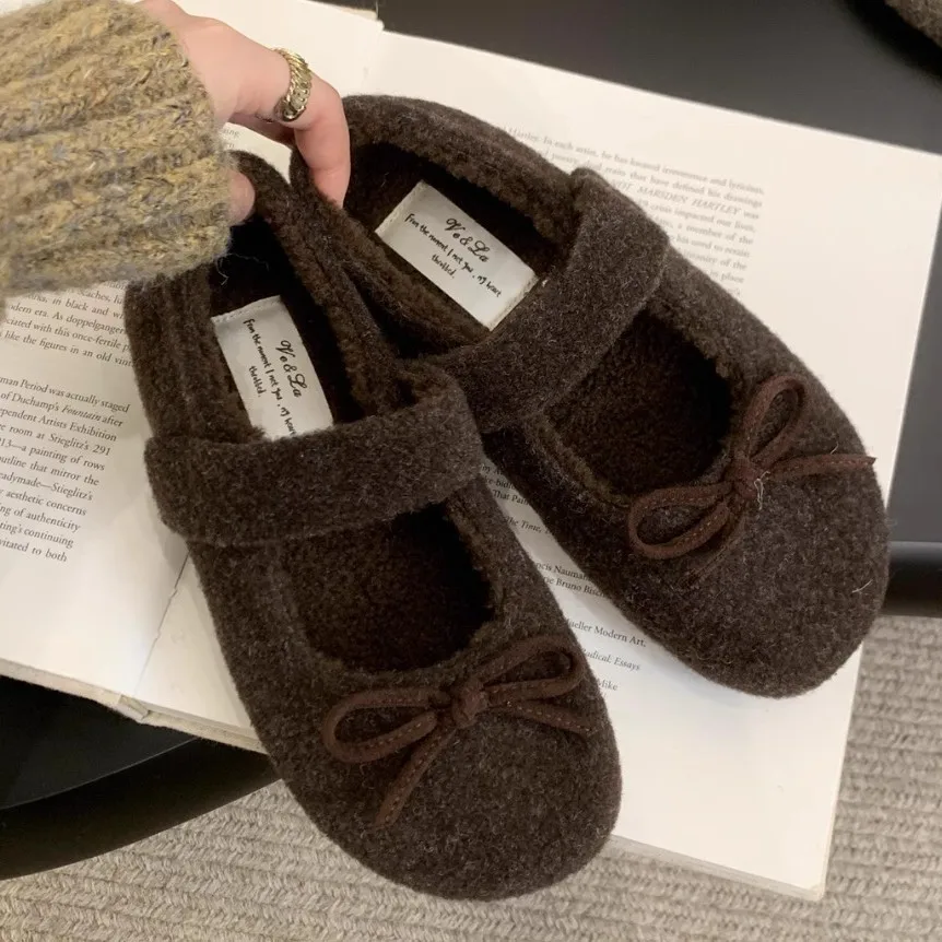 Woolen Fabric Women Flats Shoes Fashion Mary Jane Shoes Ladies Comfort Outdoor Warm Cotton Fur Winter Shoes 2025 New