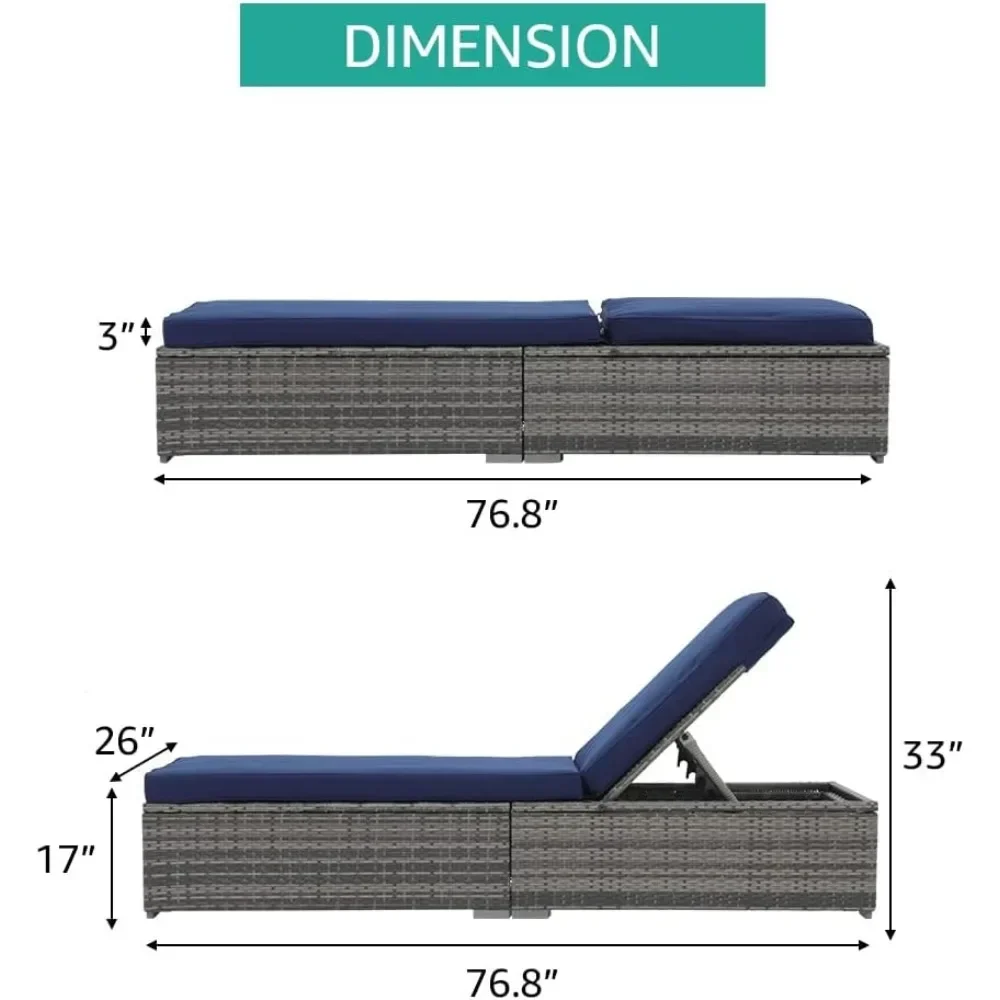 Outdoor Chaise Lounge Chair, Pool Rattan Chaise Lounge Chair with Navy Blue Cushion, Grey PE Wicker, Steel Frame, Set of 2 5