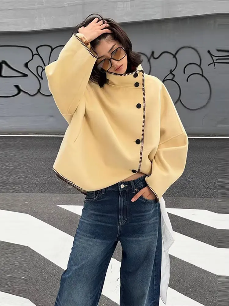 HH Women Fashion Contrast Faux Woolen Coats Turtleneck Long Sleeve Single Breasted Oversizes Loose Jackets Woman Chic Outwears