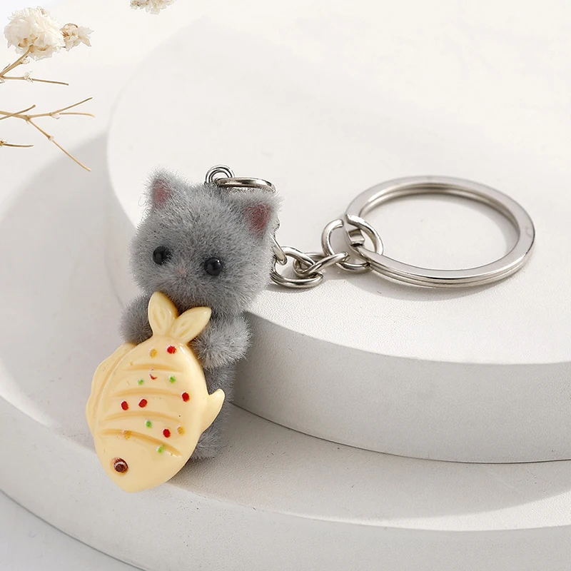 

3D Cat Fish Key Holder Bag Hanging Decoration Cute Cartoon Flocking Cat Keychain Kawaii Plush Keyring Backpack Pendant