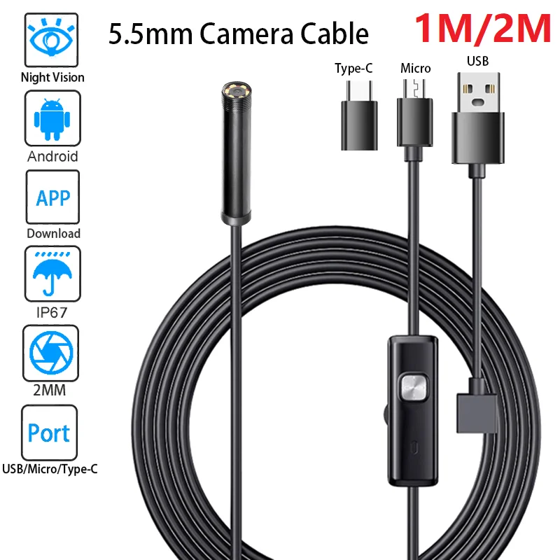 차량용 USB 마이크로 TYPE-C 디지털 내시경, 방수 LED 보어스코프, 안드로이드 내시경 카메라, 3 인 1, 5.5mm, 1M, 2M