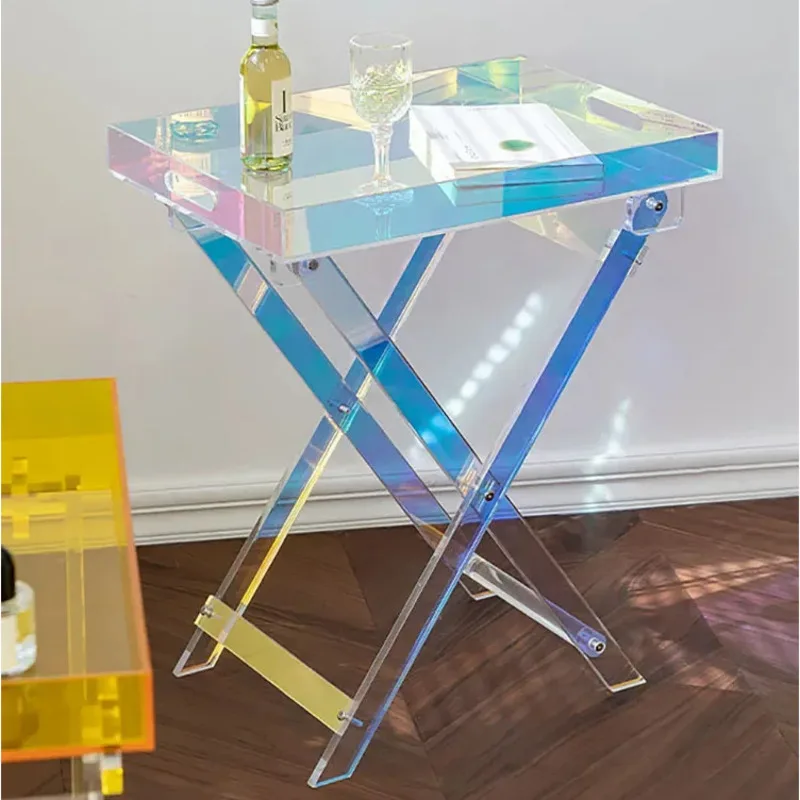 Nordic home decoration transparent acrylic folding sofa side table small portable square coffee table storage rack