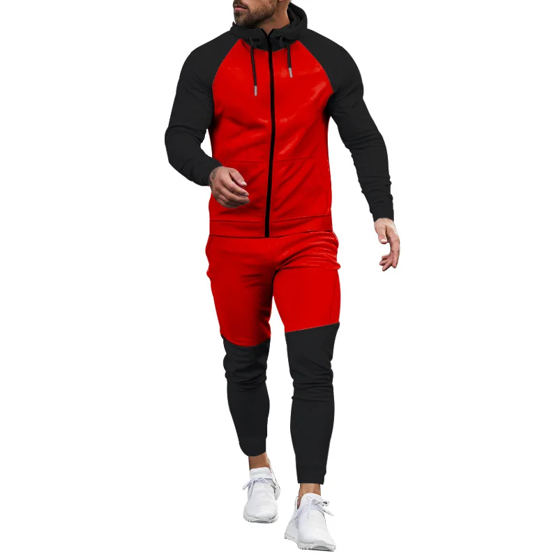 Autumn and Winter New Men's Casual Set Hooded Zipper Long Sleeve Pants Colored Outdoor Fitness Versatile Two Piece Set for Men adogirl color patchwork 3 piece set strapless crop top and zipper long sleeve hooded jacket and shorts casual fitness outfits