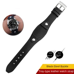 Vintage British Style Genuine Calfskin Leather Watchband Strap - 22mm (Black - silver)