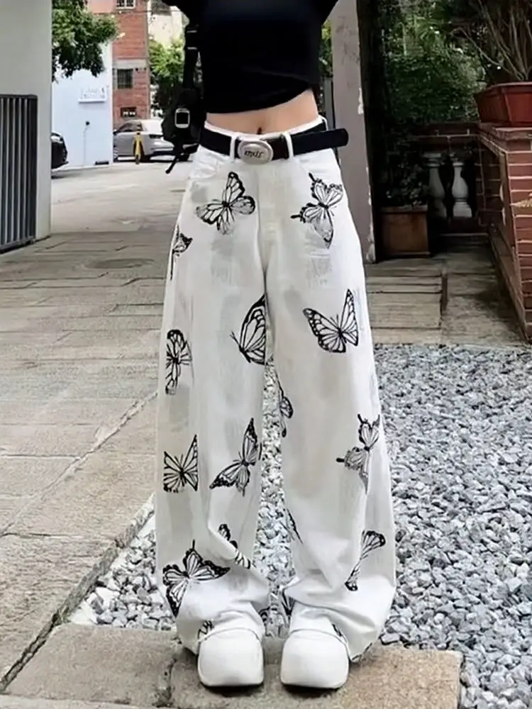Jeans White Butterfly Print Pants Fashion Harajuku Denim Jeans Straight Ins Gothic 2024 Jeans Streetwear Mopping Pants