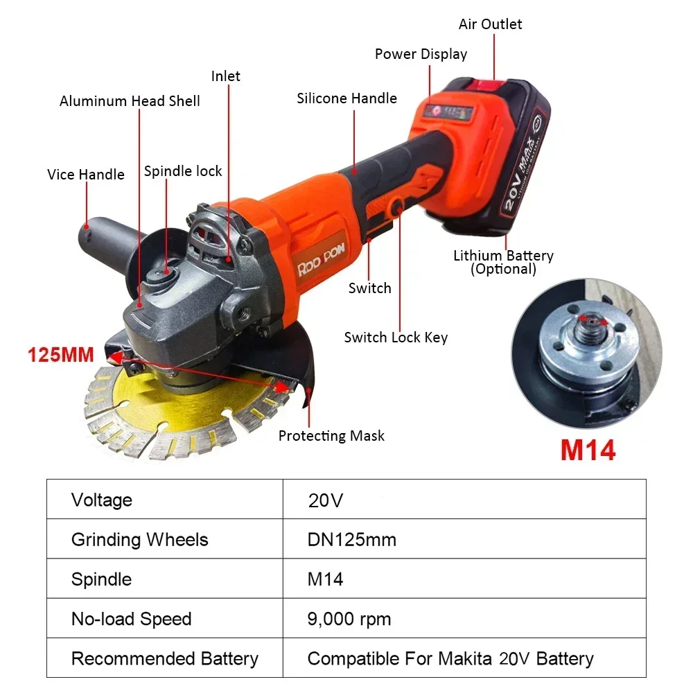 RDDSPON Brushless Electric Angle Grinder Cordless 125MM 3 Gears Cutting Machine Power Tool For Makita 18V Lithium-Ion Battery 5