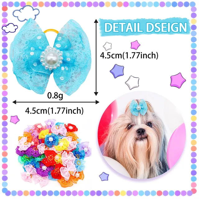 10pcs Pet Dog Hair Bow Accessories Lace Pearl Accents Colourful with Rubber Bands for Cute Medium Small Dog Cats Pet Decoration 2