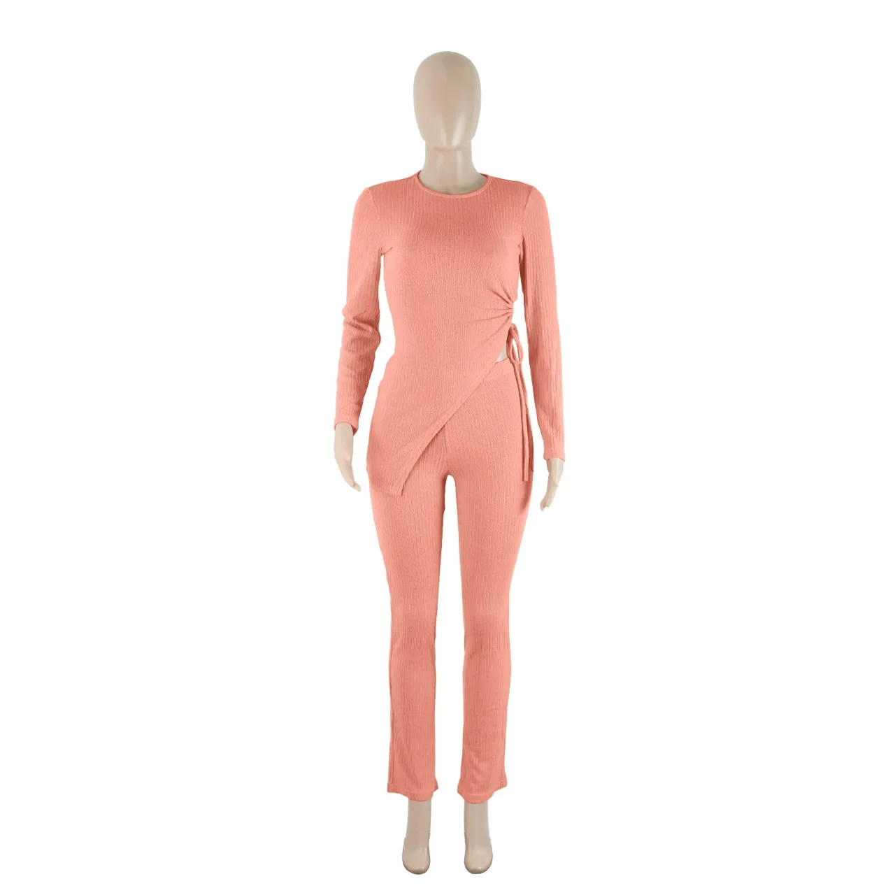 Knit Screw Thread 2 Piece Sets Women Outfit Solid Asymmetrical Lace Up Hollow Out Top Suit Fall Winter Casual Skinny Pant Sets