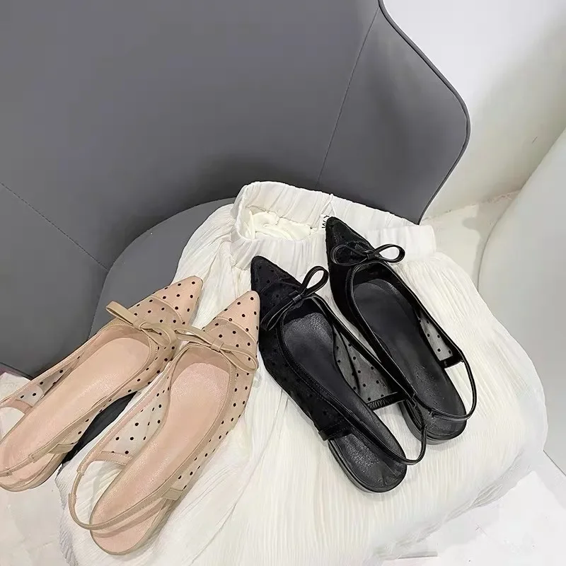 Sandals Women Flat Baotou 2024 Mesh Breathable Bow-knot Sandalias Fashion Summer Low Heels Pointed Shoes Female Chaussure Femme