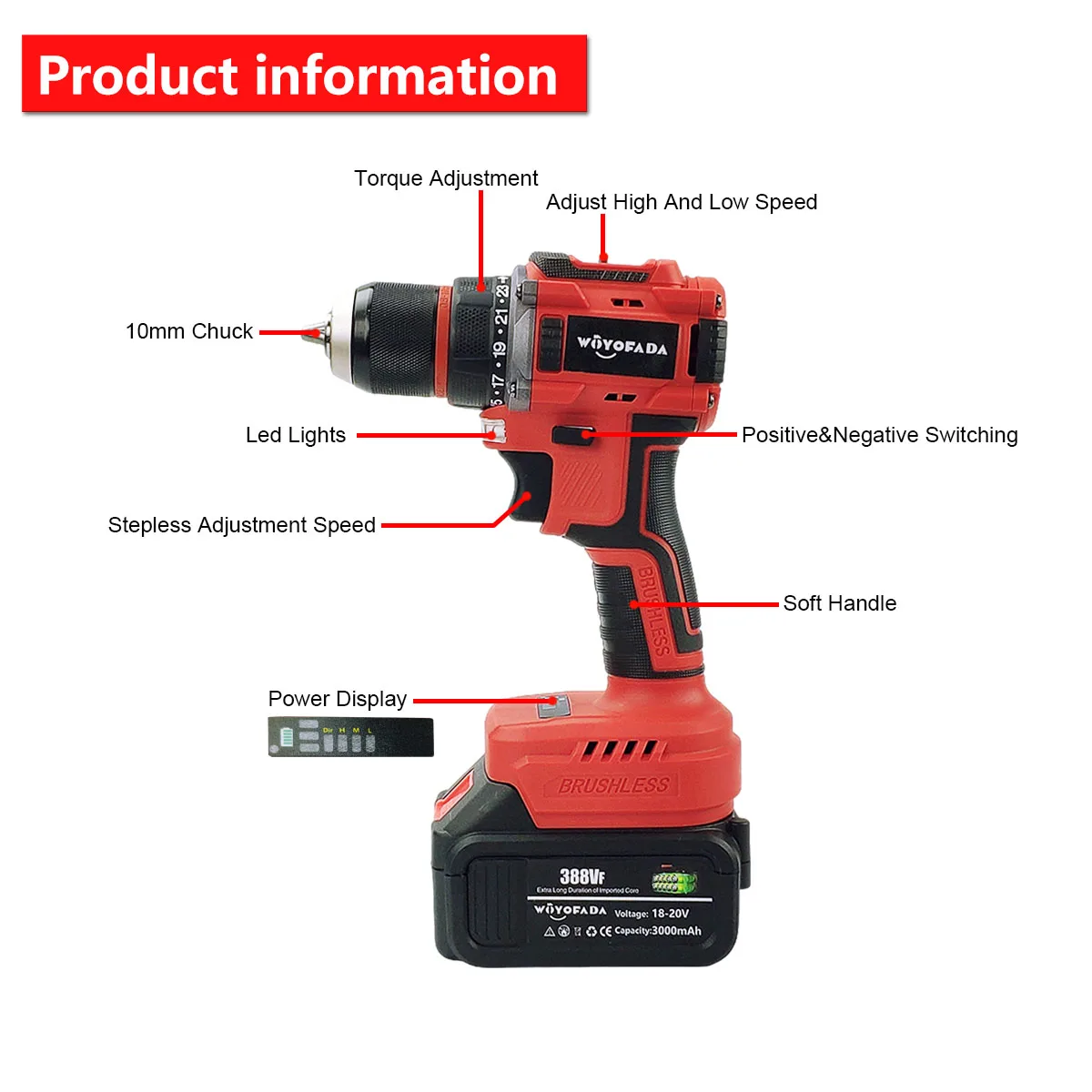 18V Brushless Electric Drill 85NM Cordless Screwdriver 2 Torque Settings Electric Screwdriver Drill for Makita 18V Battery