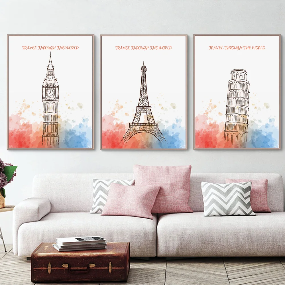 

Watercolor Wall Art Poster Eiffel Tower Canvas Picture Nordic Home Room Decor Frameless Paintings for Living Room