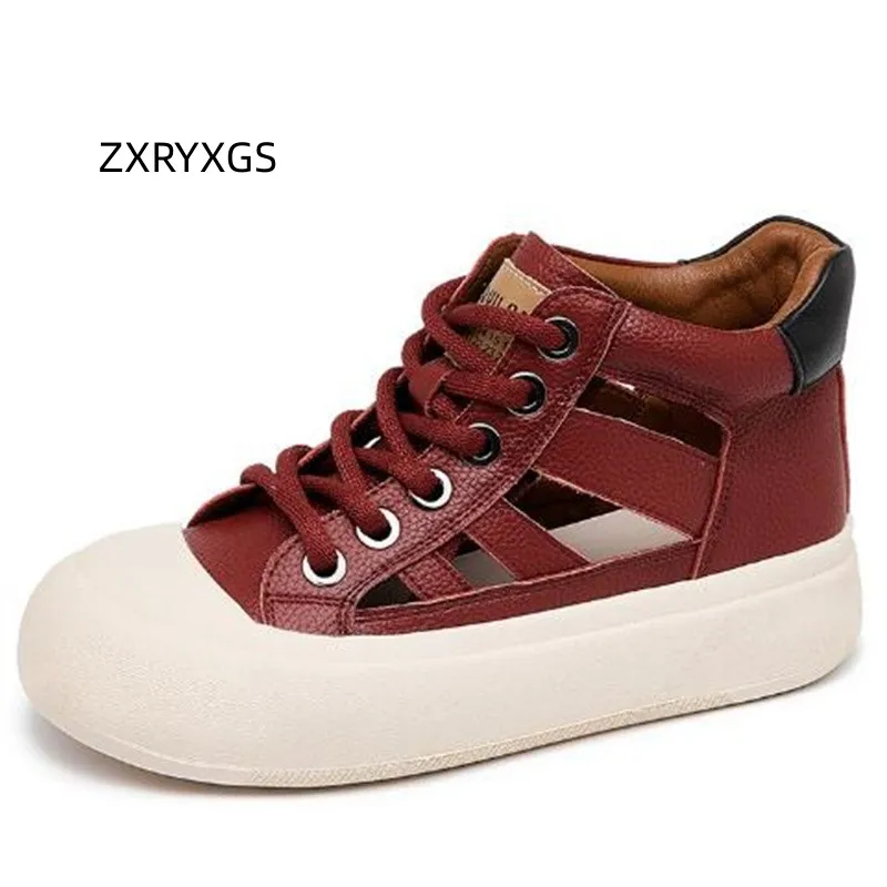 

ZXRYXGS 2023 Lace-up Spring Summer Sneaker Sandals Hollow Genuine Leather Sneakers Trend Boots Platform Increase Shoes Woman New