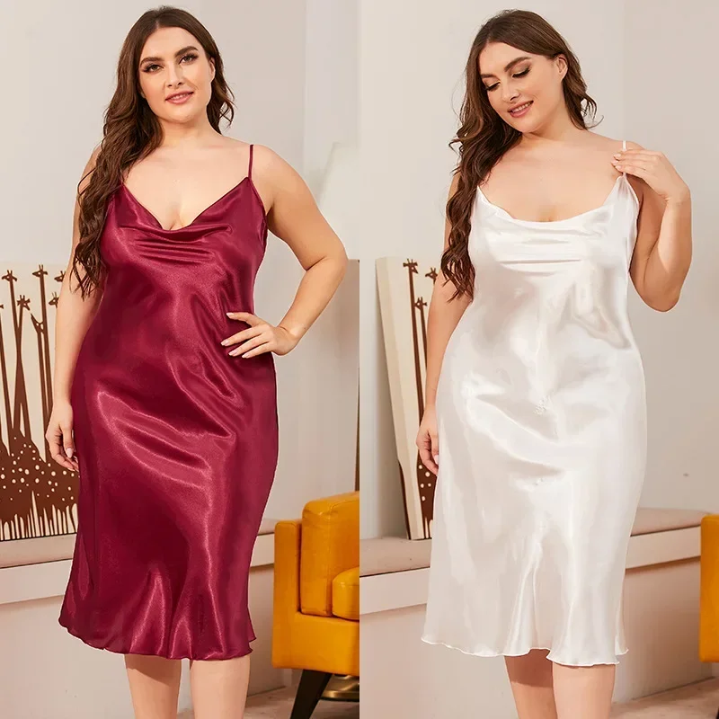 

Large Size Women's Sleepwears Dress Homewear Solid Thin Satin Nightdress Summer Sleepwear Plus Size Dresses Nightgown Silk