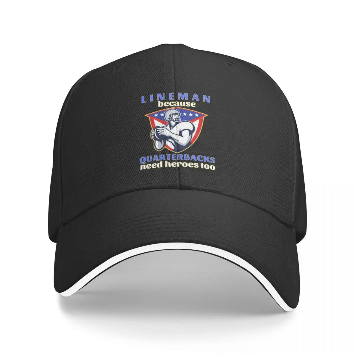 

New Lineman Because Quarterbacks Need Heroes Too (Blue Text w/ Yellow Outline) - American Football Baseball Cap