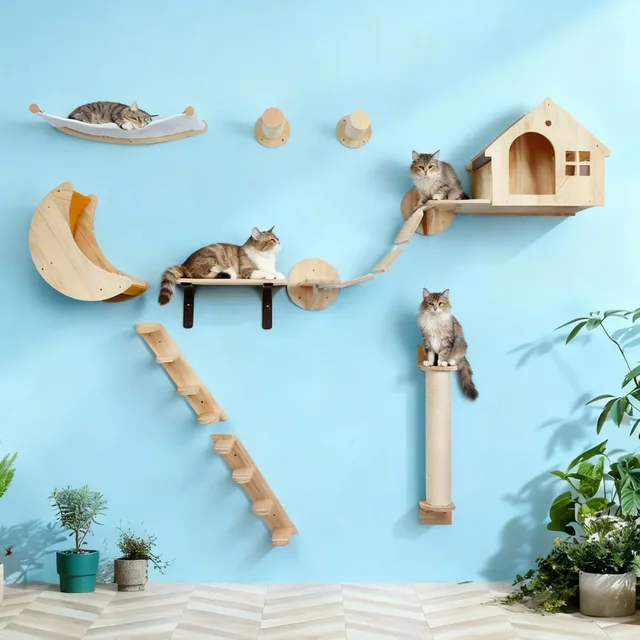 Wall-mounted Cat Tree Cat Tower Solid Wooden Pedals and Cat Scratching Post Kitten Training Claw Grinding Indoor Cat Furniture