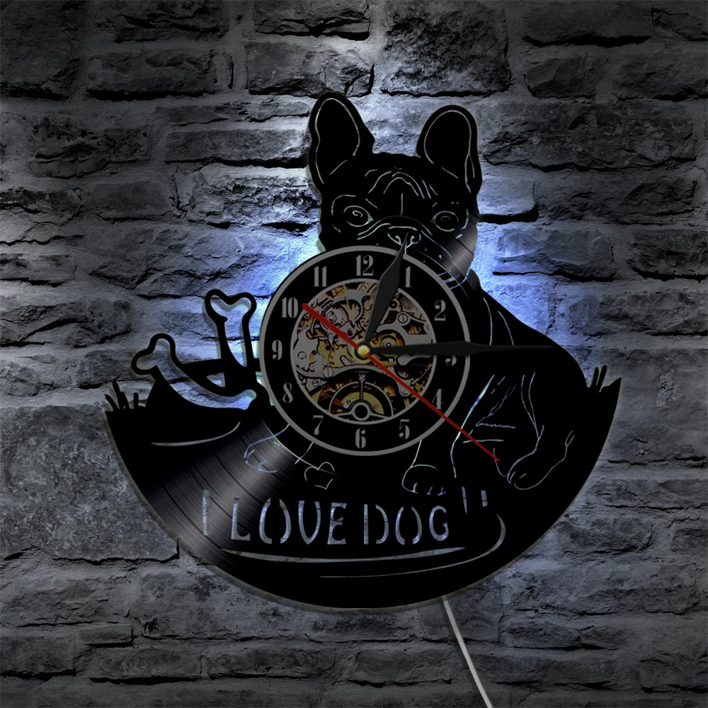 I Love Dog Quote Bulldog Francese Orologio Da Parete Dog Breed Bulldog Orologio Da Record In Vinile Animal Pet Home Decor Puppy Dog Gift Vintage Art