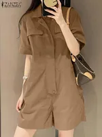 2024 ZANZEA Summer Cargo Jumpsuits Women Fashion Lapel Neck Short Sleeve Rompers Elegant Solid Loose Overalls Casual Playsuits - Image 5