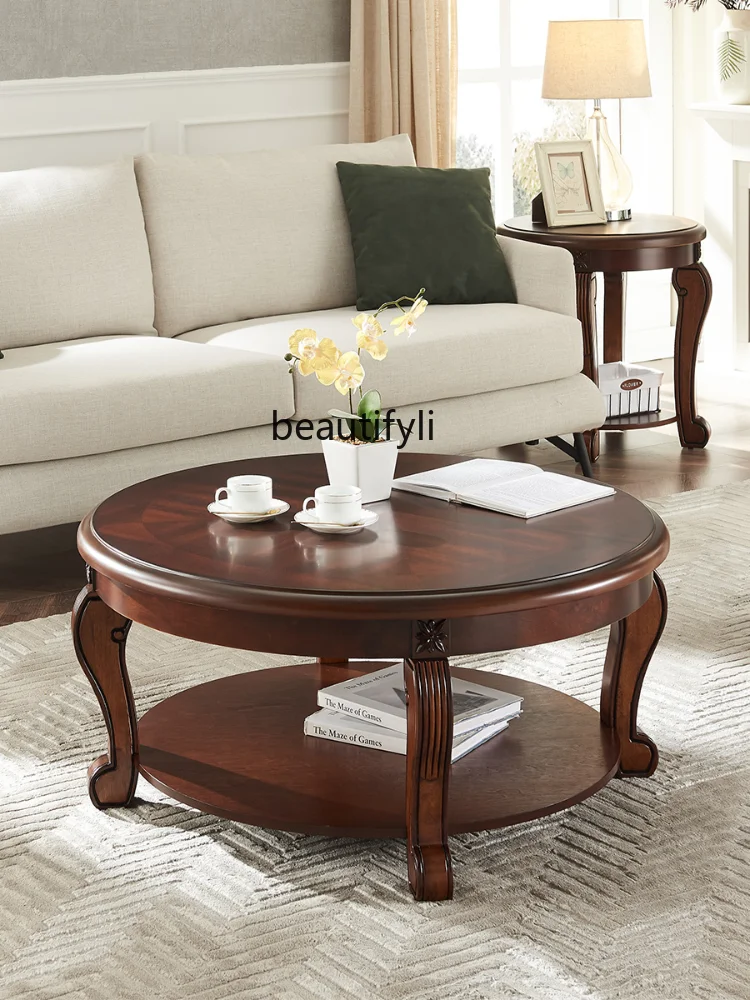 

Круглый журнальный столик из массива дерева в американском стиле для гостиной, чайный столик из орехового дерева, простой журнальный столик, журнальный столик