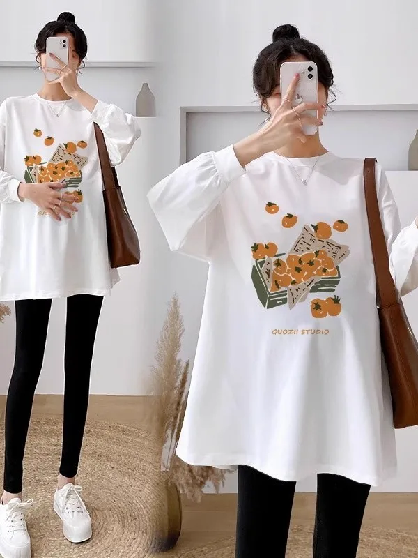 세련된 순면 임산부복 가을 세트 배를 덮는 기본 셔츠 트렌디한 한국 스타일 봄 가을 계절복