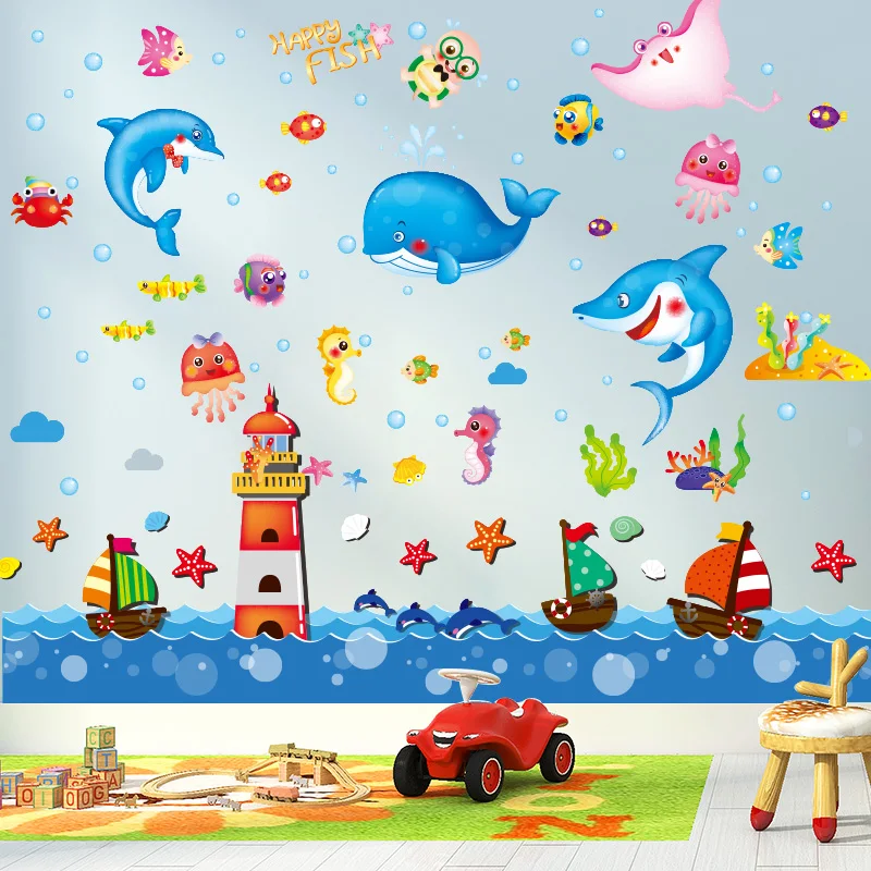 

[shijuekongjian] Cartoon Fish Wall Stickers DIY Lighthouse Boats Mural Decals for Kids Rooms Baby Bedroom House Decoration