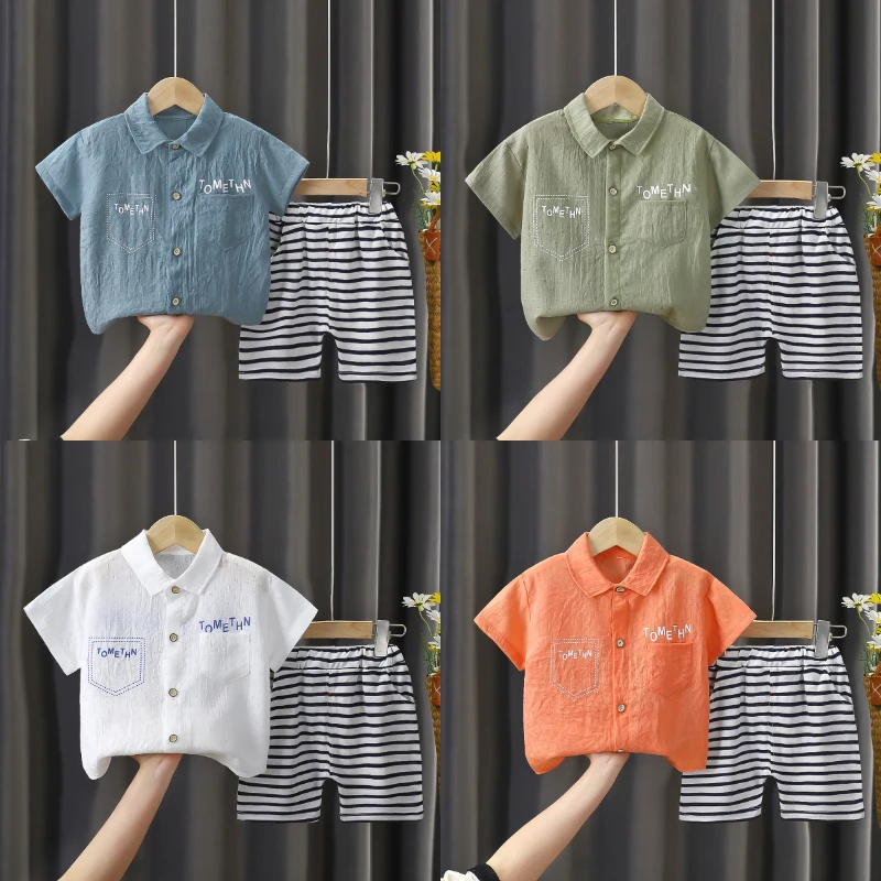 Baby Boys Girls Summer Suit Children's Pocket Shirt Suit Kids Short-sleeved Lapel Shirt + Striped Shorts Two-piece Set baby clothes in sets	
