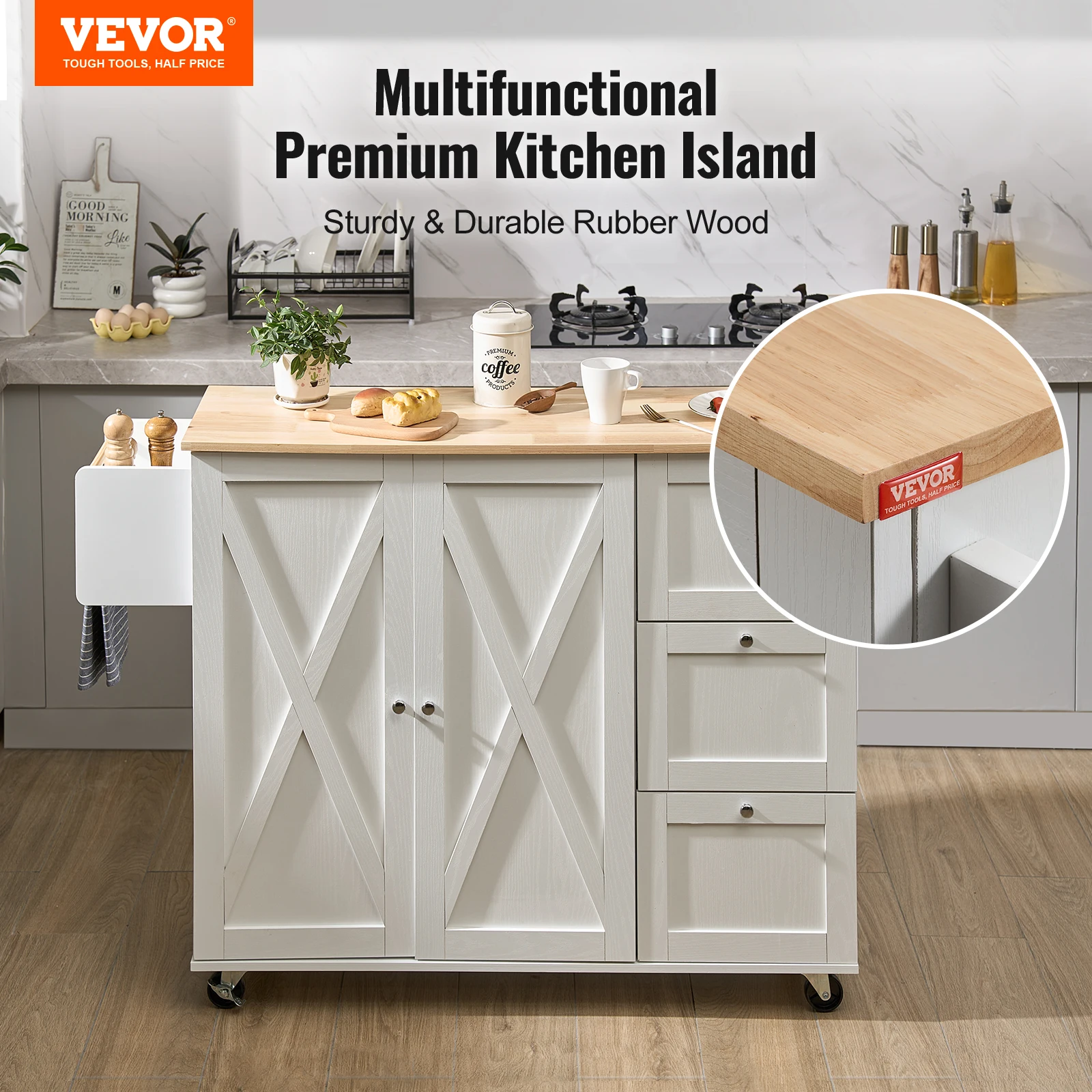 スリムレイ　カッティー　２箱 SucceBuy 2-Door 1/2 3-Drawer White Mobile Kitchen Island