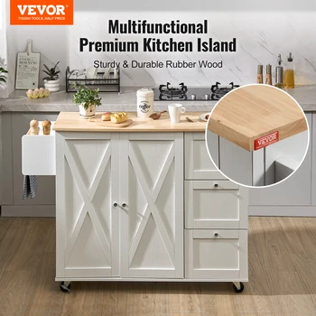 VEVOR 2-Door 1/2 3-Drawer White Mobile Kitchen Island Rubber Wood Desktop Rolling Kitchen Cart with Wheels for Home Bar Storage 2