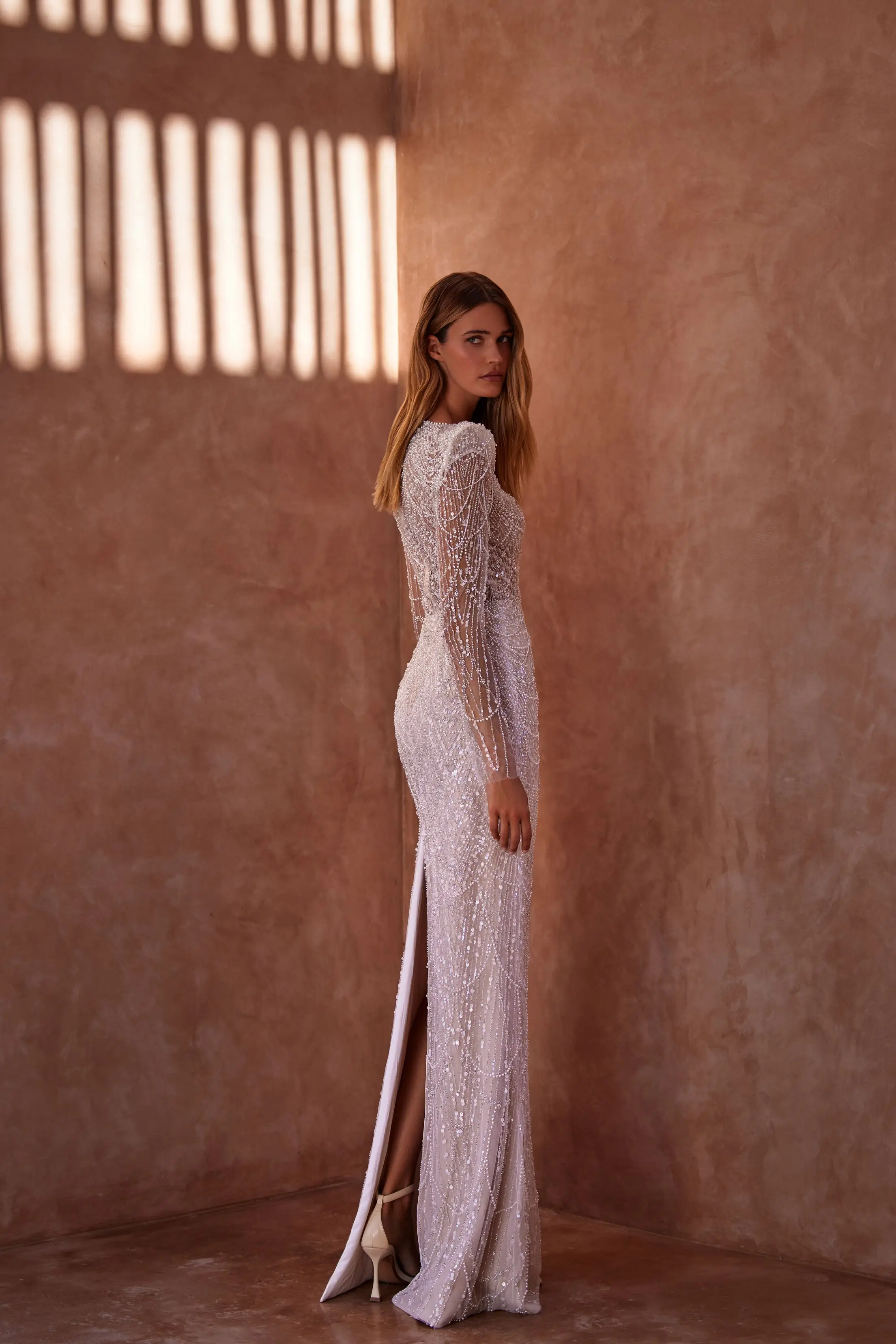 staud beaded turtle dress One Shoulder Long Sleeve Pearl Beaded Column Bridal Dress with Satin Overskirt - Alisse Bridal Off White / Lace main image 0