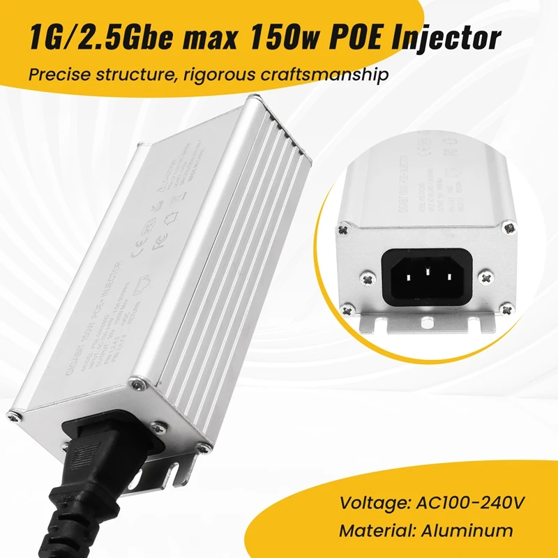 스타링크 2세대/3세대용 150W 패시브 PoE 인젝터 | 48-56Vdc PoE 출력의 110-240Vac | 100/1000/2500M 속도 | 알루미늄 하우징
