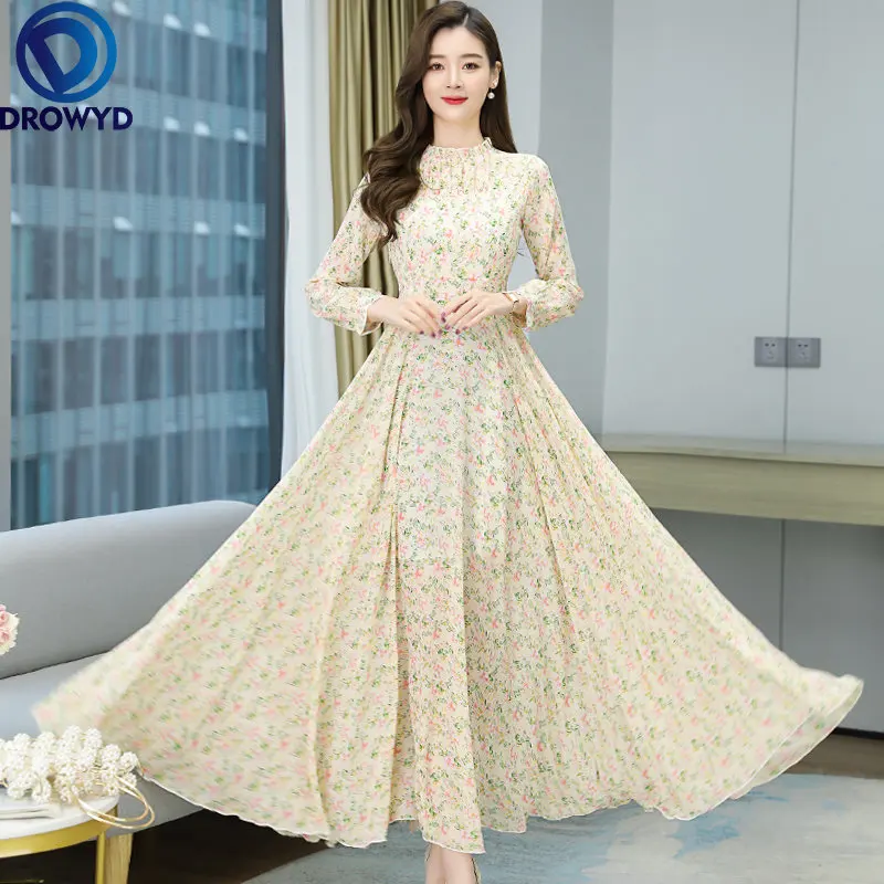 

2023 Chiffon Floral Pink Women Party Dress Long Sleeve Puff Elegante Vestido Chic Fashion Maxi Casual Summer for Evening Dresses